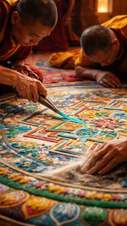 Monks creating a traditional sand mandala